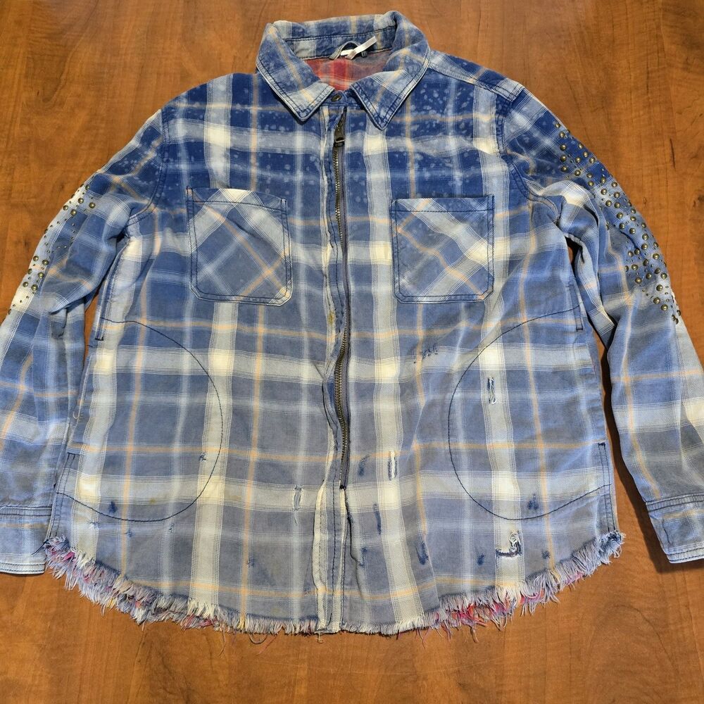 Free People Deconstructed Distressed Full Zip 4 Pocket Studded Plaid Shacket S